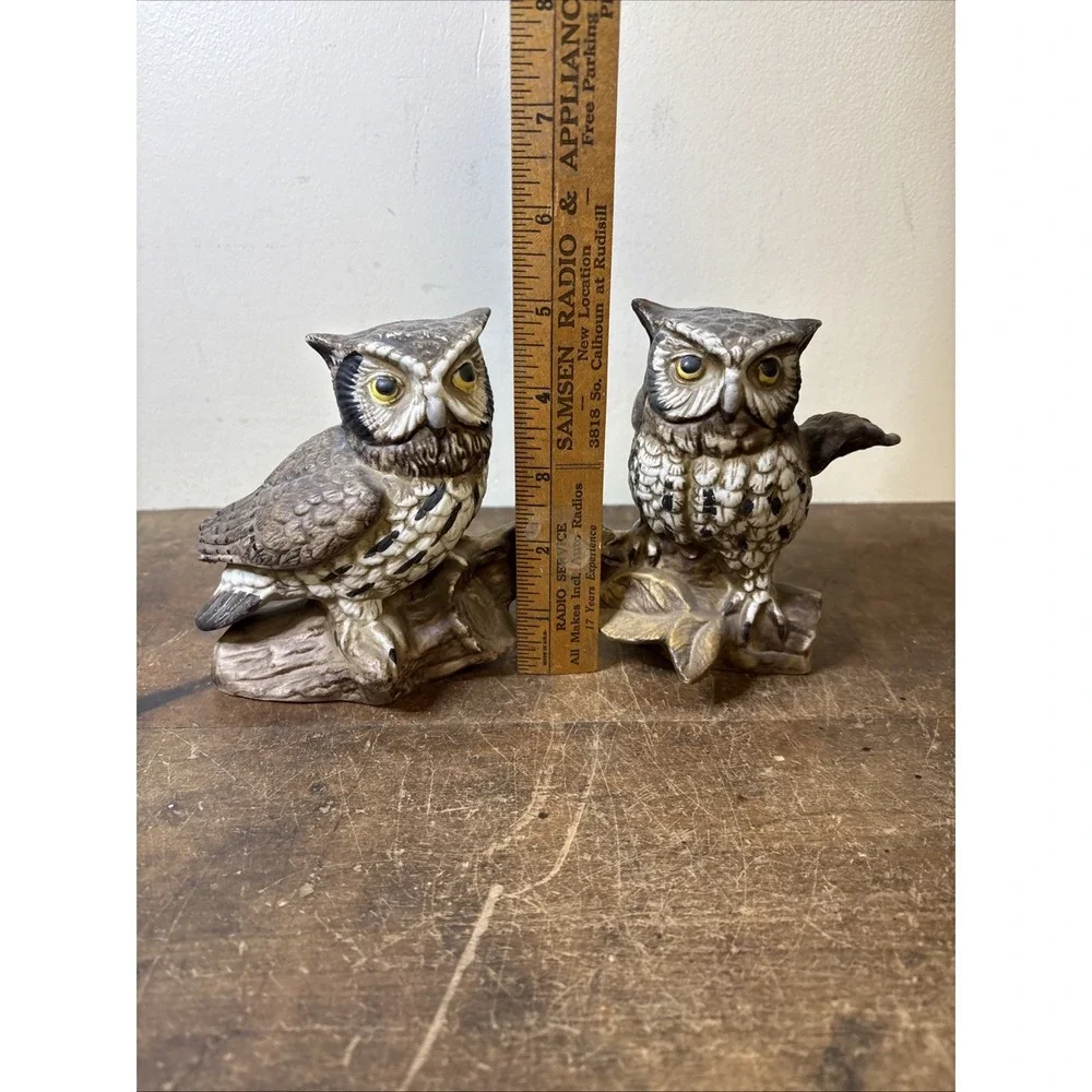 Pair of Vintage Owl Figurines Brown Ceramic Woodland Decor – Pre-Owned